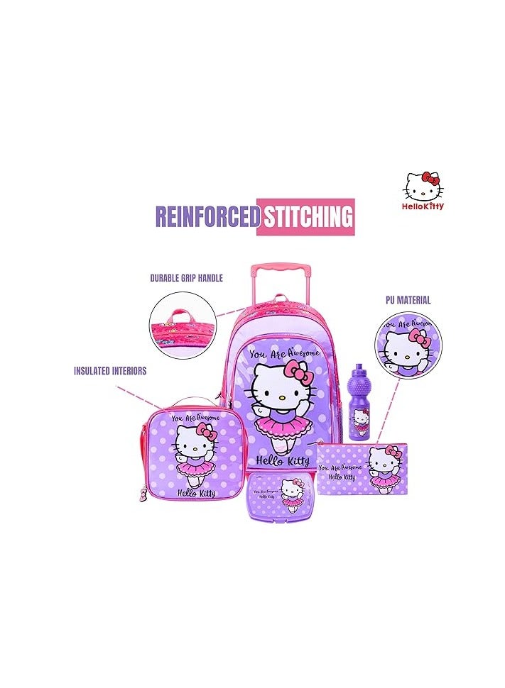 هالو كيتي مجموعة صندوق عربة 5 في 1 من Sanrio Hello Kitty You Are Awesome مقاس 18 بوصة | عربة | حقيبة غداء | زجاجة ماء | حافظة أقلام | صندوق غداء | عبوة - Image 4
