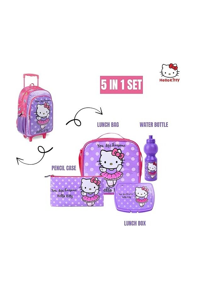 هالو كيتي مجموعة صندوق عربة 5 في 1 من Sanrio Hello Kitty You Are Awesome مقاس 18 بوصة | عربة | حقيبة غداء | زجاجة ماء | حافظة أقلام | صندوق غداء | عبوة - Image 5