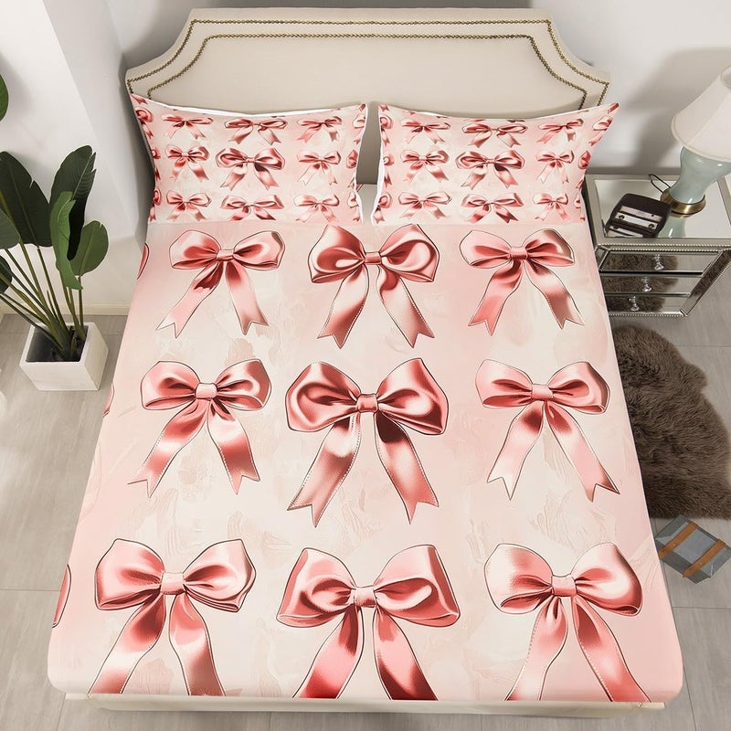 Erosebridal Kids Bow Sheet Set,4 Piece Butterfly Knot Dreamy Sheets,Cute Ribbon Bowknot Bed Sheets Set,Kawaii Princess Style Top Fitted Sheet,Light Pink Room Decor for Girls,King - Image 2