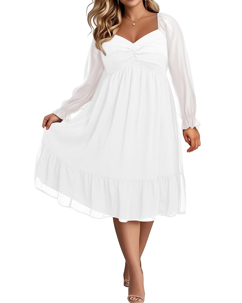Talisea Plus Size Graduation White Dress Long Sleeves Bride Shower Chiffon Party Cocktail A Line Curvy Womens Midi Dress - Image 3