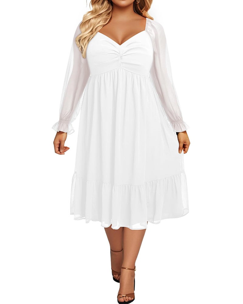 Talisea Plus Size Graduation White Dress Long Sleeves Bride Shower Chiffon Party Cocktail A Line Curvy Womens Midi Dress - Image 2