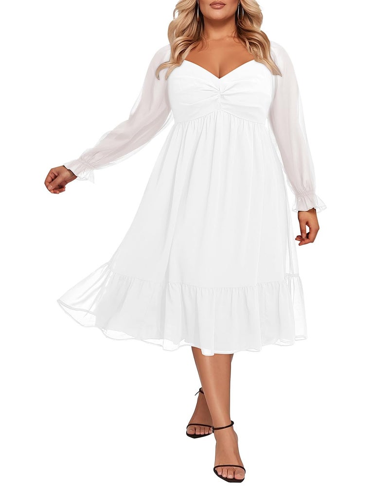 Talisea Plus Size Graduation White Dress Long Sleeves Bride Shower Chiffon Party Cocktail A Line Curvy Womens Midi Dress - Image 1