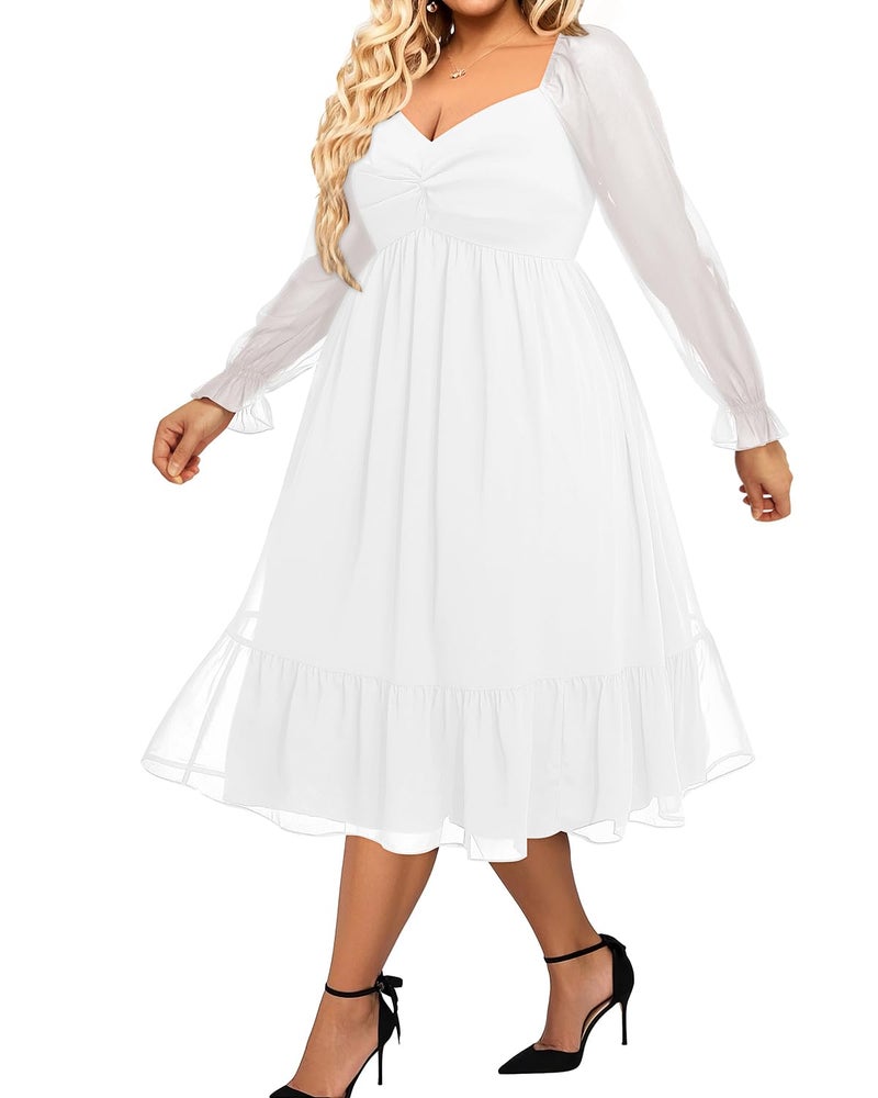 Talisea Plus Size Graduation White Dress Long Sleeves Bride Shower Chiffon Party Cocktail A Line Curvy Womens Midi Dress - Image 4