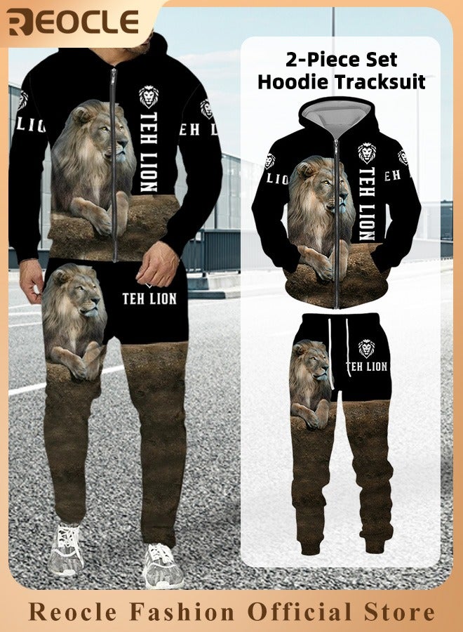 REOCLE Men's 2 Pcs Hoodie Set Sweatshirt Suit 3D Printed Long Sleeve Hoodie with Zipper Trackpant Casual Suit - Image 1