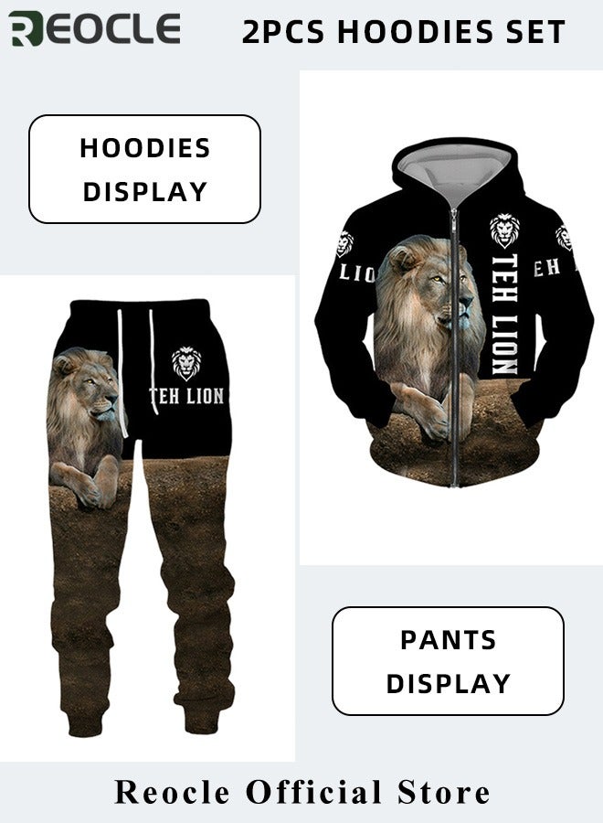 REOCLE Men's 2 Pcs Hoodie Set Sweatshirt Suit 3D Printed Long Sleeve Hoodie with Zipper Trackpant Casual Suit - Image 3