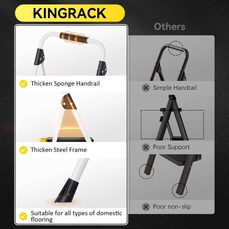 KINGRACK 3 Step Folding Ladder, 800lbs Capacity Step Stool with Safety Lock, Non-Skid Wide Pedals, and Handrail, Lightweight, Household Ladder for Home, Kitchen, Pantry, Closets, and Office Use, White - Image 5