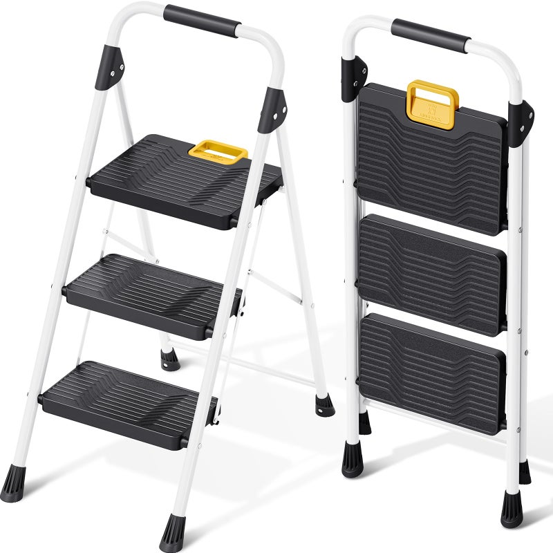 KINGRACK 3 Step Folding Ladder, 800lbs Capacity Step Stool with Safety Lock, Non-Skid Wide Pedals, and Handrail, Lightweight, Household Ladder for Home, Kitchen, Pantry, Closets, and Office Use, White - Image 1