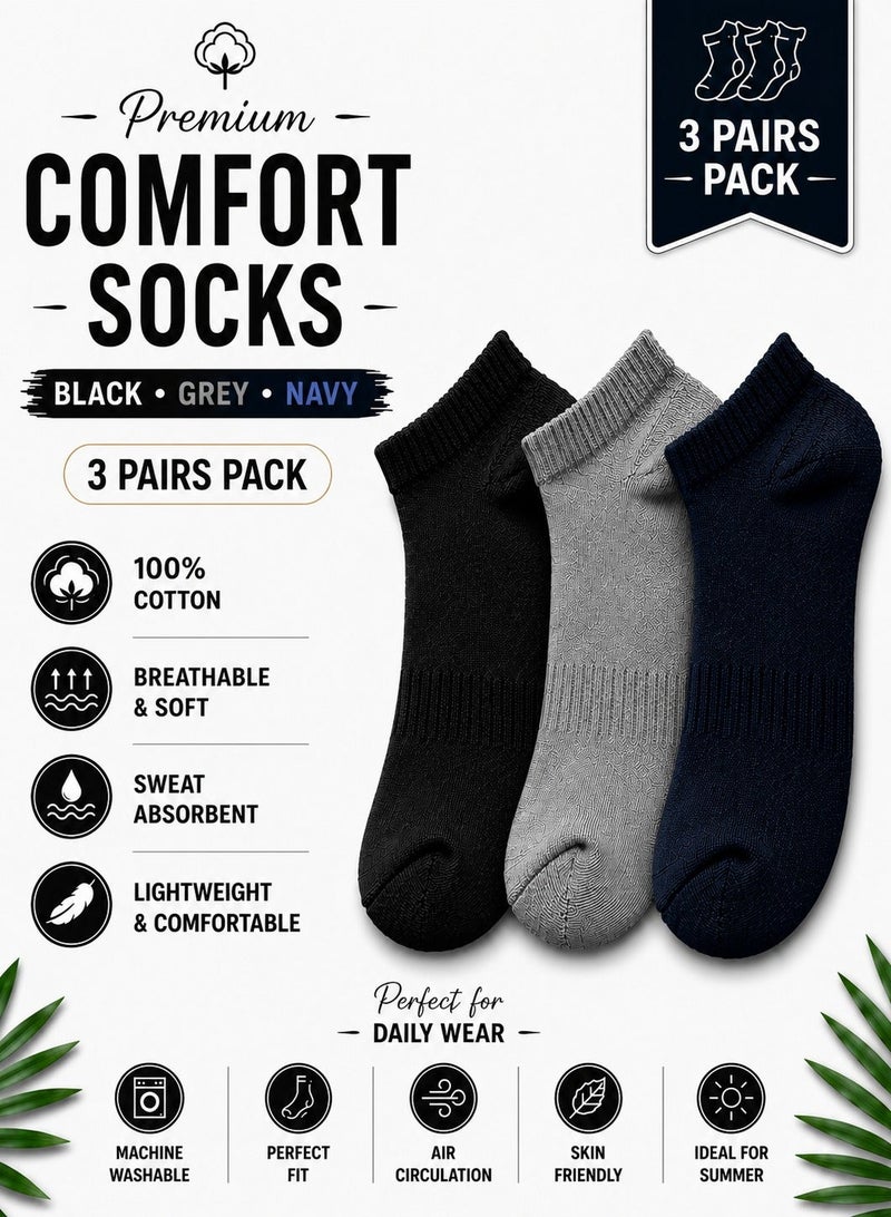 Unisex Breathable Mesh Cotton Ankle Socks, Pack of 3, Soft Comfortable Low Cut Sports Socks for Running, Training and Casual Wear