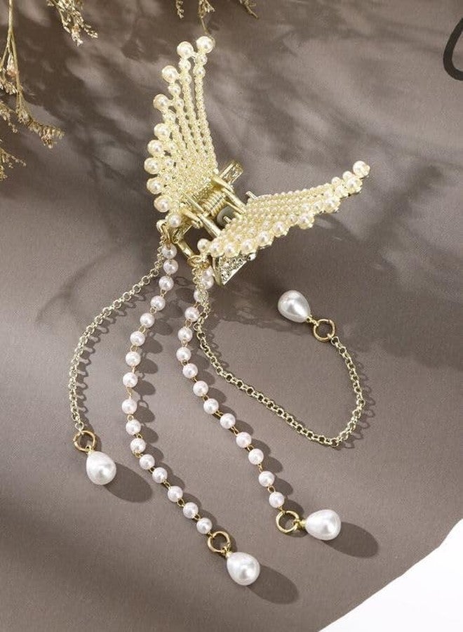 Plenteous مشبك شعر فاخر مزين باللؤلؤ للنساء - مشبك فراشة ذهبي، إكسسوارات شعر معدنية أنيقة، مشبك قوي للارتداء في حفلات الزفاف والمناسبات والاستخدام اليومي (ذهبي) - Image 5