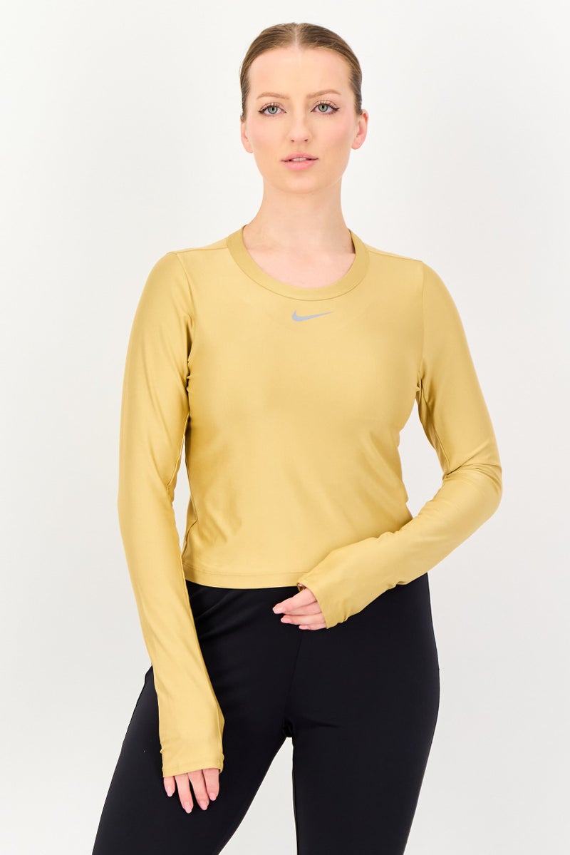 Nike بلوزة تدريب طويلة الأكمام للنساء بتقنية دري-فيت، خردل - Image 1