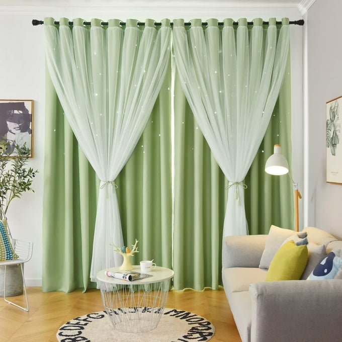 STARS DOUBLE LAYER BLACKOUT CURTAINS FOR BEDROOM KIDS CUTE GREEN CURTAINS 84 INCHES LONG 2 PANELS SET 52 X 84 INCHES