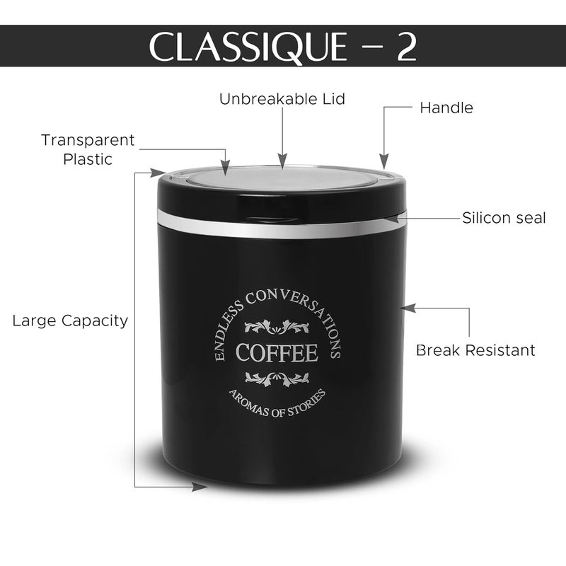 JAYPEE PLUS حاوية كلاسيكية 2 للشاي والسكر والقهوة | محكمة الإغلاق 750 مل حاويات الشاي للمطبخ | قفل مطاطي سيليكون | حاوية مطبخ | قابلة للتكديس | تشطيب لامع | غطاء شفاف، أسود - Image 3