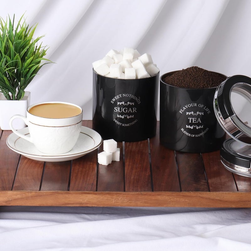 JAYPEE PLUS حاوية كلاسيكية 2 للشاي والسكر والقهوة | محكمة الإغلاق 750 مل حاويات الشاي للمطبخ | قفل مطاطي سيليكون | حاوية مطبخ | قابلة للتكديس | تشطيب لامع | غطاء شفاف، أسود - Image 2