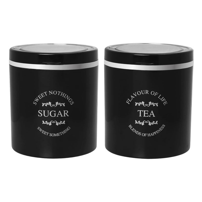 JAYPEE PLUS حاوية كلاسيكية 2 للشاي والسكر والقهوة | محكمة الإغلاق 750 مل حاويات الشاي للمطبخ | قفل مطاطي سيليكون | حاوية مطبخ | قابلة للتكديس | تشطيب لامع | غطاء شفاف، أسود - Image 1