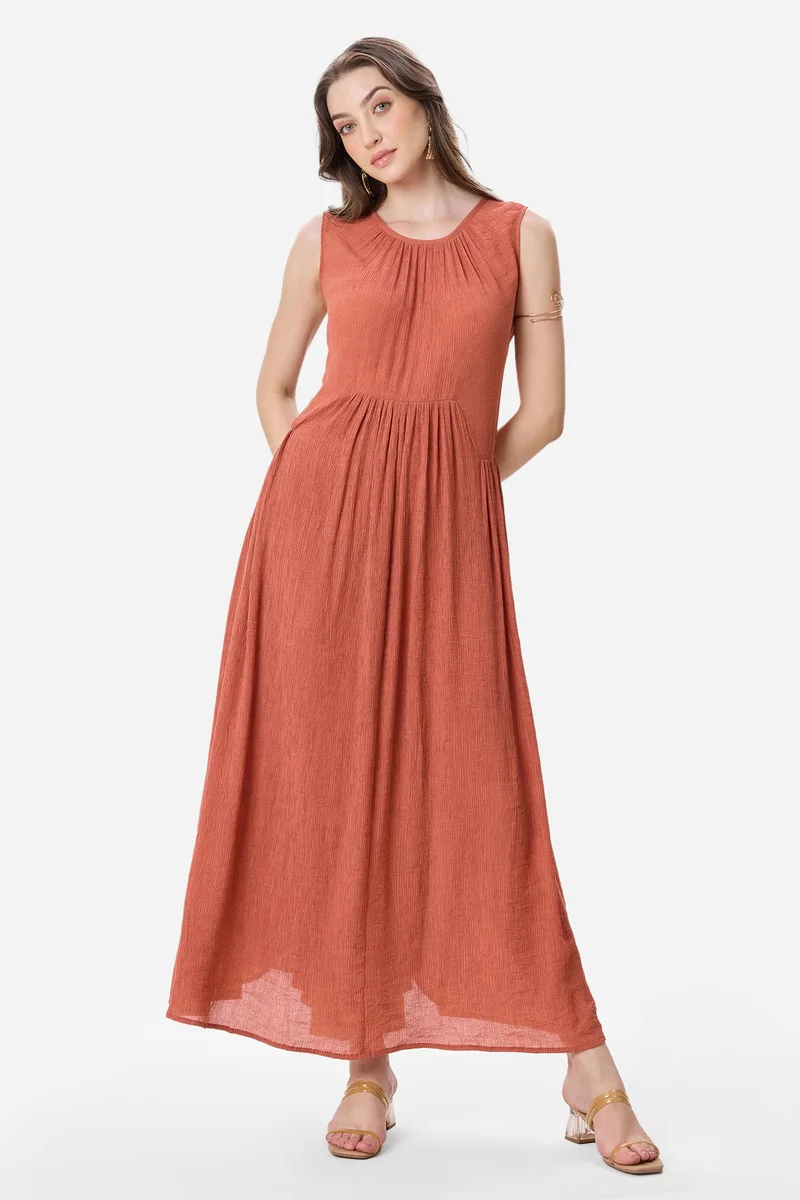 Virgio Solid Viscose Gathered Sleeveless Maxi Dress for Women