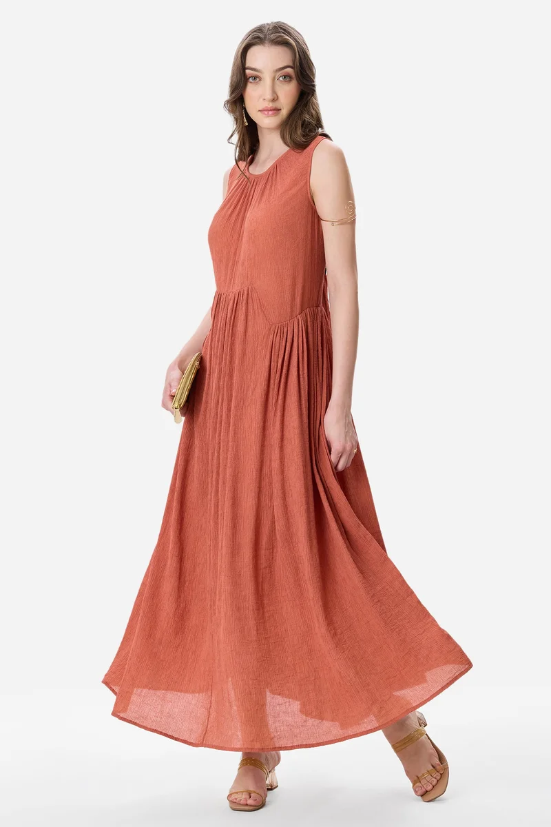 Virgio Solid Viscose Gathered Sleeveless Maxi Dress for Women