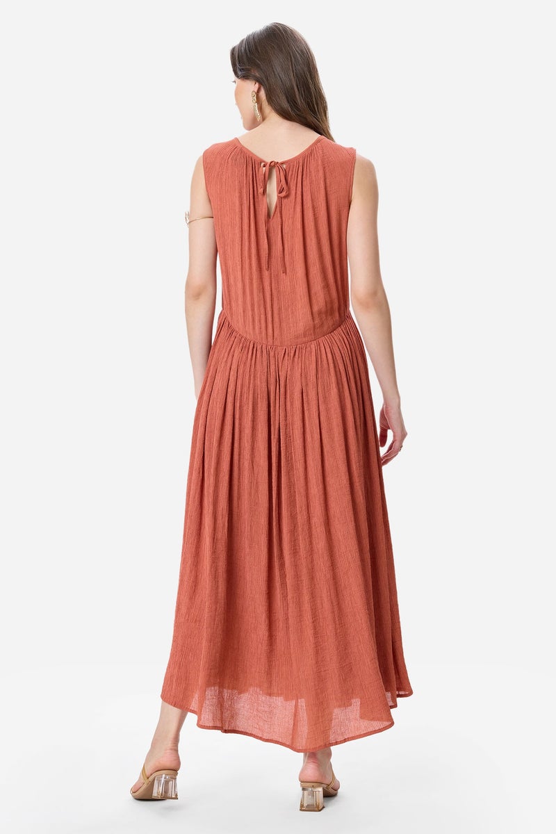 Virgio Solid Viscose Gathered Sleeveless Maxi Dress for Women - Image 4