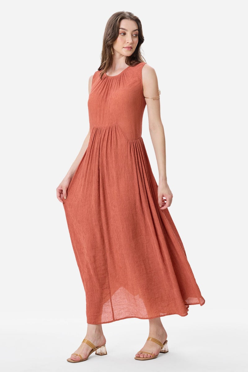 Virgio Solid Viscose Gathered Sleeveless Maxi Dress for Women - Image 3