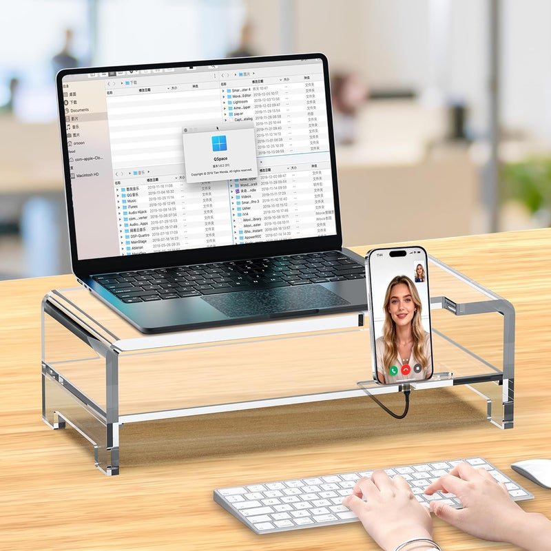 Beimu Acrylic Monitor Stand Riser L16''xW7.5''xH4.7'' 2-Tier Acrylic Laptop Stand Clear Computer Stand Laptop Riser with Storage Desk Organizer Accessories for Home and Office - Image 4