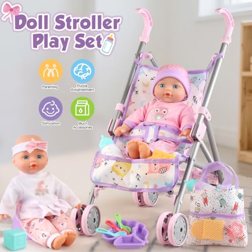 YIYBM Baby Doll with Stroller Set for Realistic Pretend Play for 3 4 5 6 7 Year Old Toddler Girls Gifts Baby Stroller Toys includes 125inch Baby Dolls 2 sets Doll Clothes and 17 PCS Doll Accessories - Image 5