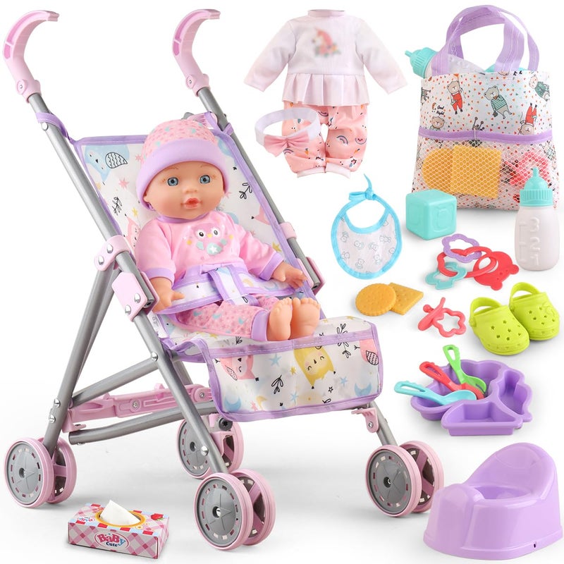 YIYBM Baby Doll with Stroller Set for Realistic Pretend Play for 3 4 5 6 7 Year Old Toddler Girls Gifts Baby Stroller Toys includes 125inch Baby Dolls 2 sets Doll Clothes and 17 PCS Doll Accessories - Image 3
