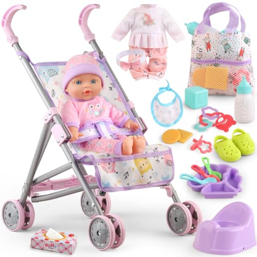 YIYBM Baby Doll with Stroller Set for Realistic Pretend Play for 3 4 5 6 7 Year Old Toddler Girls Gifts Baby Stroller Toys includes 125inch Baby Dolls 2 sets Doll Clothes and 17 PCS Doll Accessories - Image 1