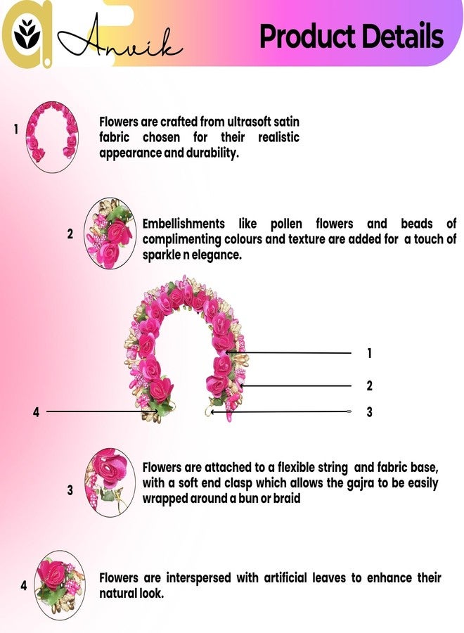 ANVIK Fancy Party Bridal Wedding Fabric/Artificial Rose Flower Bun Juda Hair Gajra for Women Flower Floral Hair Accessories for women Veni for hair (Dark Pink) - Image 2