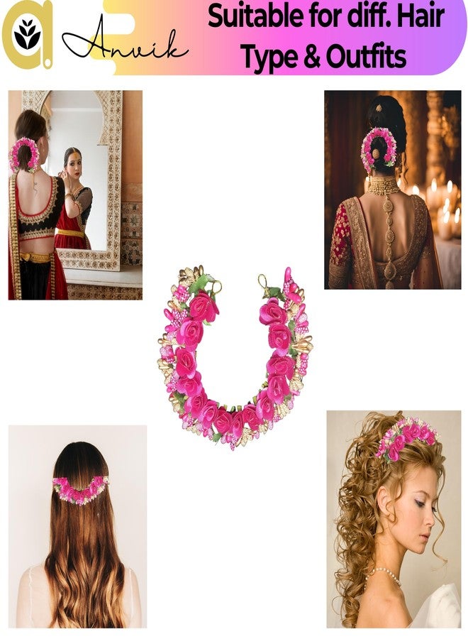 ANVIK Fancy Party Bridal Wedding Fabric/Artificial Rose Flower Bun Juda Hair Gajra for Women Flower Floral Hair Accessories for women Veni for hair (Dark Pink) - Image 4