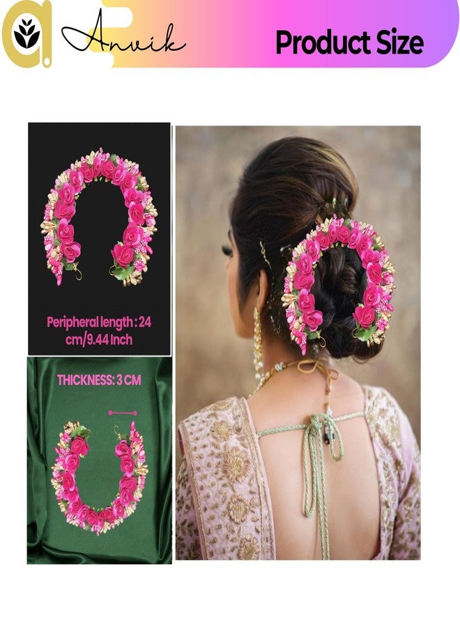ANVIK Fancy Party Bridal Wedding Fabric/Artificial Rose Flower Bun Juda Hair Gajra for Women Flower Floral Hair Accessories for women Veni for hair (Dark Pink) - Image 3