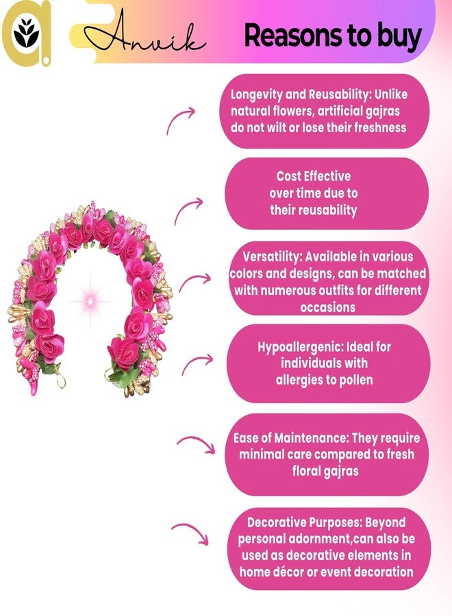 ANVIK Fancy Party Bridal Wedding Fabric/Artificial Rose Flower Bun Juda Hair Gajra for Women Flower Floral Hair Accessories for women Veni for hair (Dark Pink) - Image 5