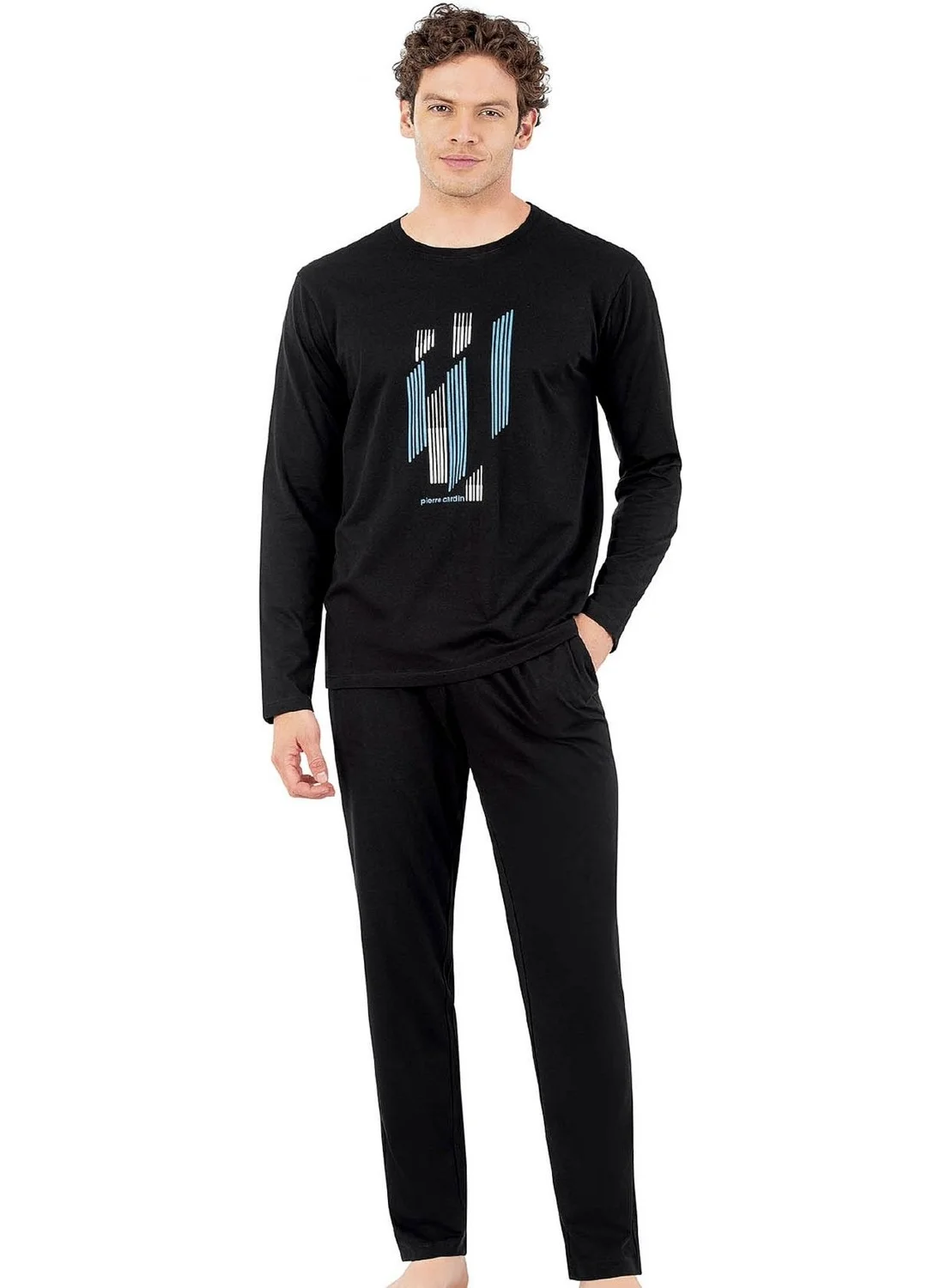 pierre cardin 6063 Men's Long Sleeve Crew Neck Pajama Set-Black