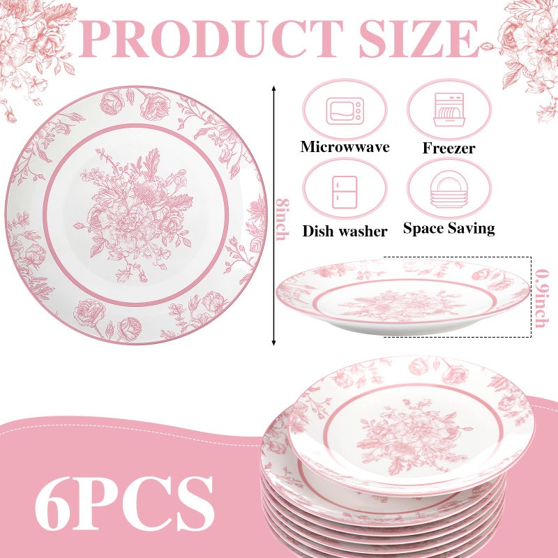 Jinei 8 Pcs Pink Floral Salad Plates Dinnerware Set Chinoiserie Ceramic Round Dessert Serving Plates 8 Inch Dinner Serving Tableware for Kitchen, Microwave Oven Dishwasher Safe - Image 3