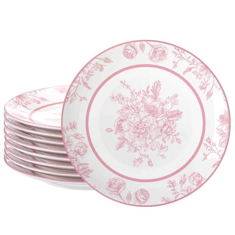 Jinei 8 Pcs Pink Floral Salad Plates Dinnerware Set Chinoiserie Ceramic Round Dessert Serving Plates 8 Inch Dinner Serving Tableware for Kitchen, Microwave Oven Dishwasher Safe - Image 1