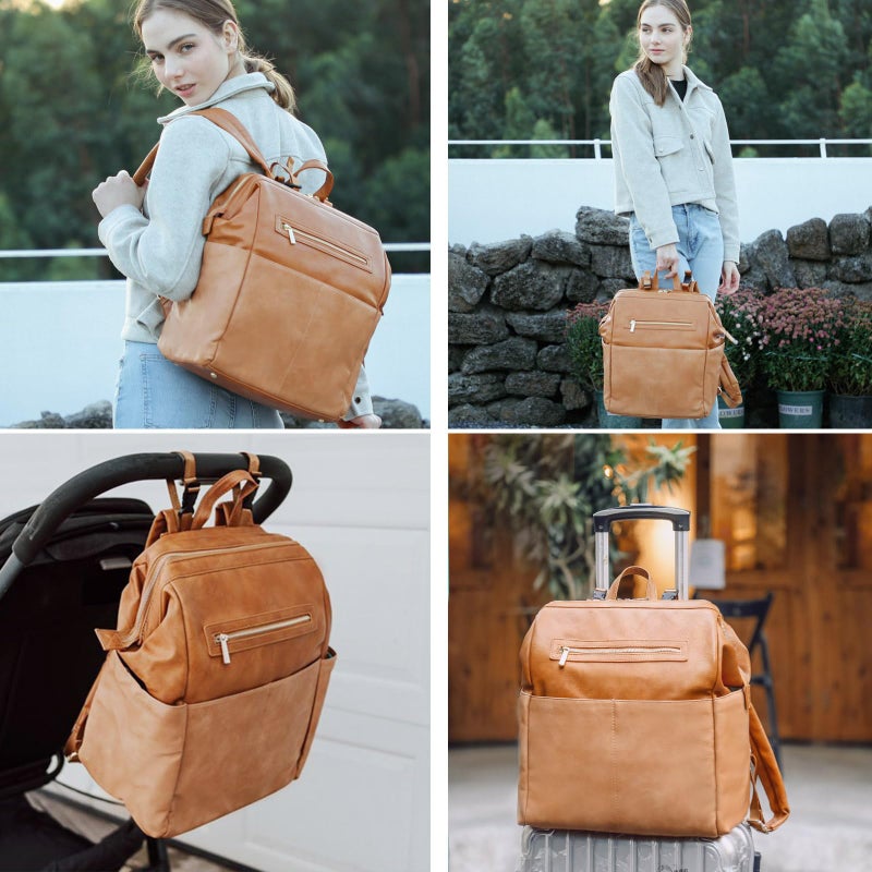 MOMINSIDE Diaper Bag Backpack, Baby Bag Leather with 16 Pockets, Large Baby Diaper bag for Mom, Fits 15 Inch Laptop, 4 Insulated Pockets, Changing Pad, Brown - Image 2