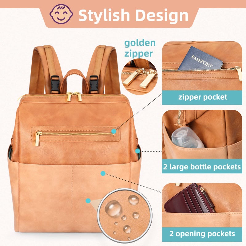 MOMINSIDE Diaper Bag Backpack, Baby Bag Leather with 16 Pockets, Large Baby Diaper bag for Mom, Fits 15 Inch Laptop, 4 Insulated Pockets, Changing Pad, Brown - Image 4