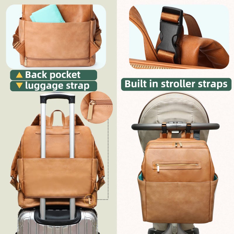 MOMINSIDE Diaper Bag Backpack, Baby Bag Leather with 16 Pockets, Large Baby Diaper bag for Mom, Fits 15 Inch Laptop, 4 Insulated Pockets, Changing Pad, Brown - Image 5
