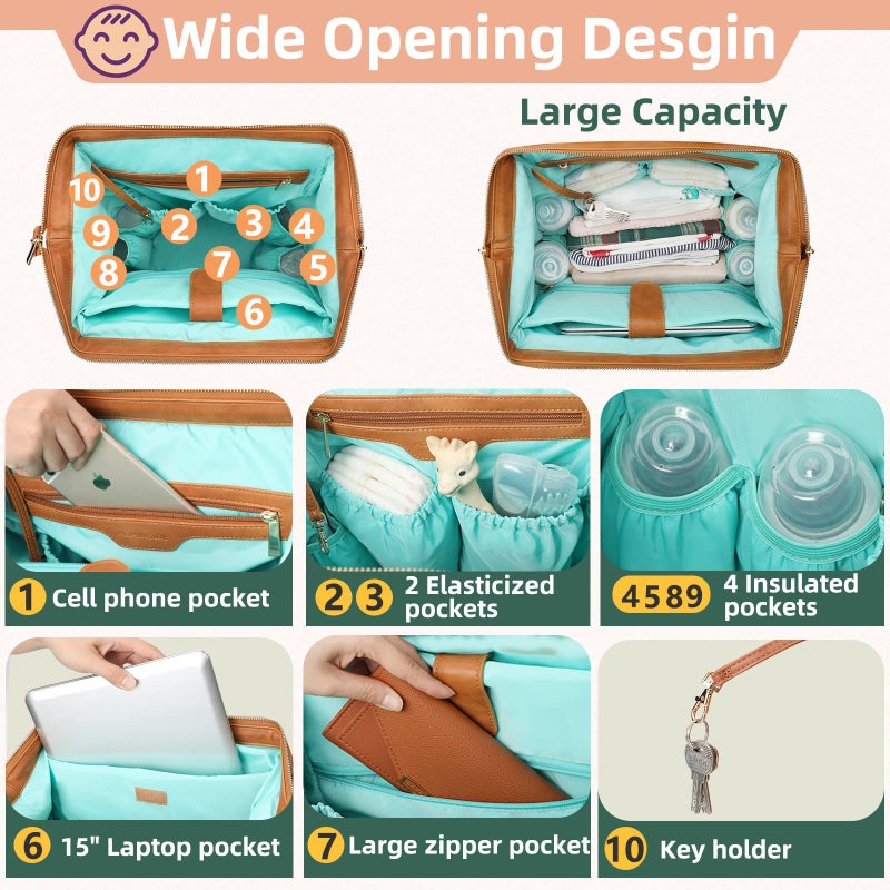 MOMINSIDE Diaper Bag Backpack, Baby Bag Leather with 16 Pockets, Large Baby Diaper bag for Mom, Fits 15 Inch Laptop, 4 Insulated Pockets, Changing Pad, Brown - Image 3