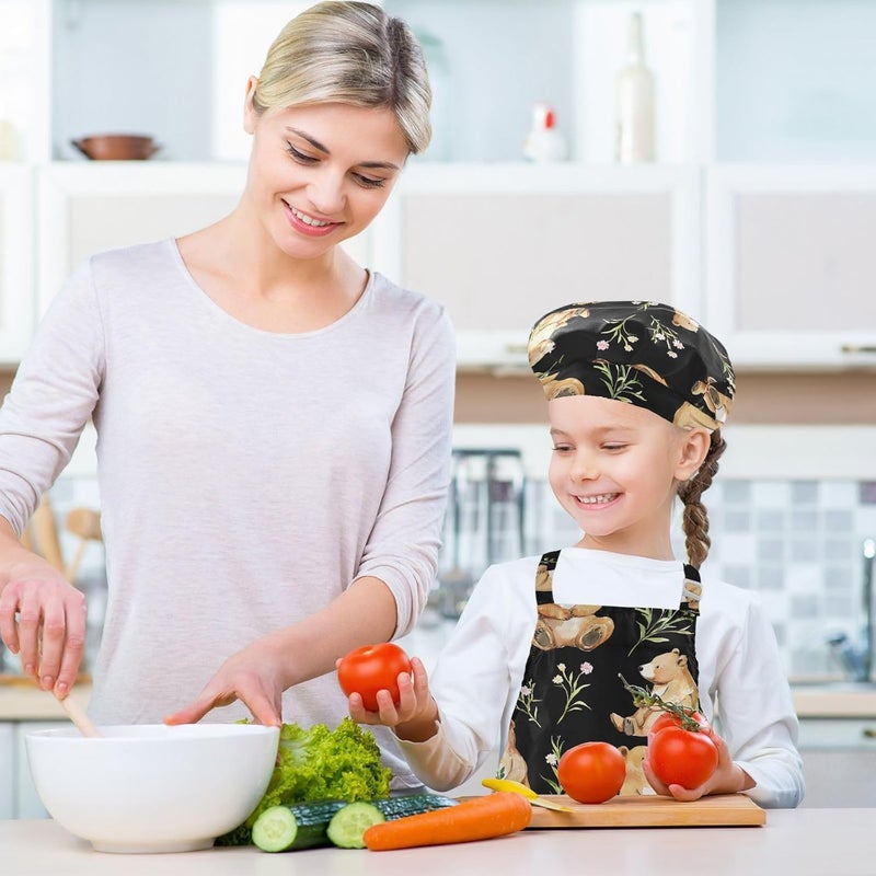 Kid Chef Apron Hat Waterproof Sweet Bears Black Toddler Chef Hat Apron Baking Set for Children 3-12 Years Old - Image 5
