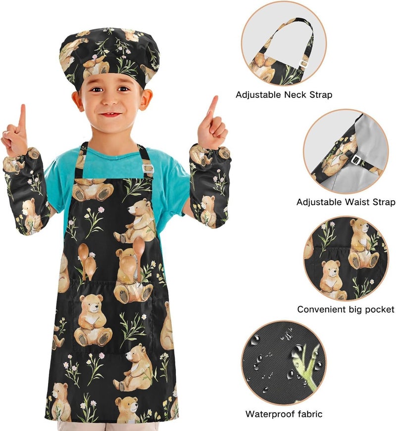 Kid Chef Apron Hat Waterproof Sweet Bears Black Toddler Chef Hat Apron Baking Set for Children 3-12 Years Old - Image 4