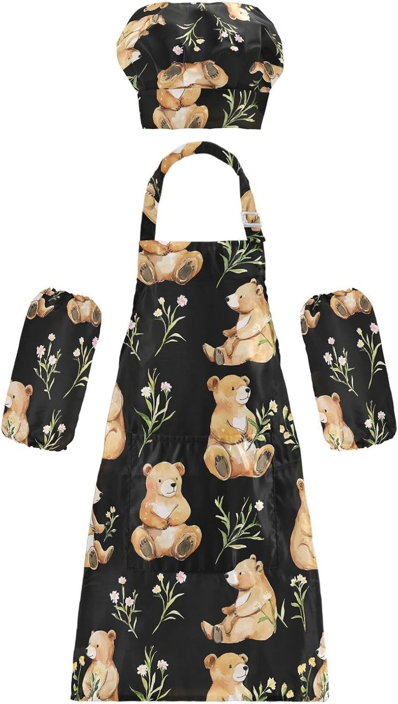 Kid Chef Apron Hat Waterproof Sweet Bears Black Toddler Chef Hat Apron Baking Set for Children 3-12 Years Old - Image 1