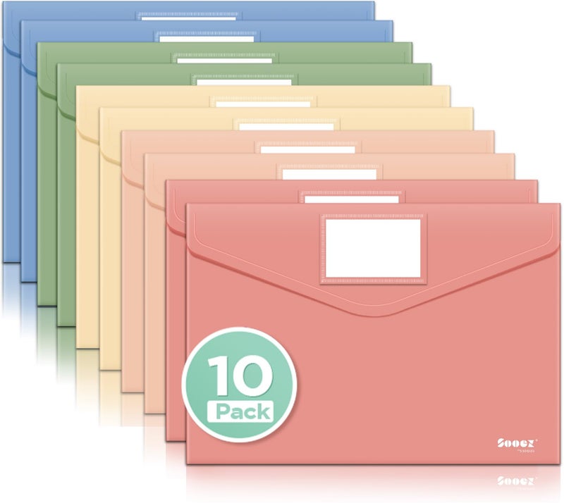 Sooez 10Pack Plastic Envelopes, Plastic File Folder, Folders for Documents Retro Colors, Super Heavyweight Document Holder, Storage Pouches, File Envelopes for School Office Supplies - Image 1