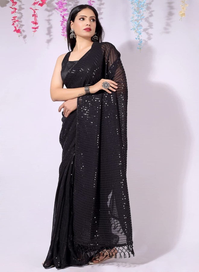 shiv textiles ساري نسائي جاهز للارتداء من قماش الجورجيت المرصع بالترتر من شيف تيكستايلز، مع بلوزة غير مخيطة. (أسود) - Image 4