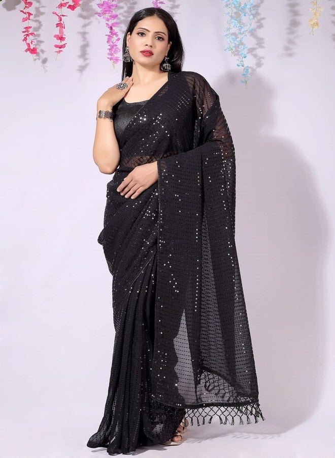 shiv textiles ساري نسائي جاهز للارتداء من قماش الجورجيت المرصع بالترتر من شيف تيكستايلز، مع بلوزة غير مخيطة. (أسود) - Image 3