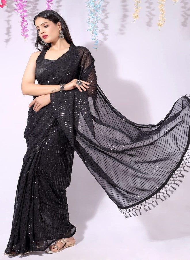 shiv textiles ساري نسائي جاهز للارتداء من قماش الجورجيت المرصع بالترتر من شيف تيكستايلز، مع بلوزة غير مخيطة. (أسود) - Image 5