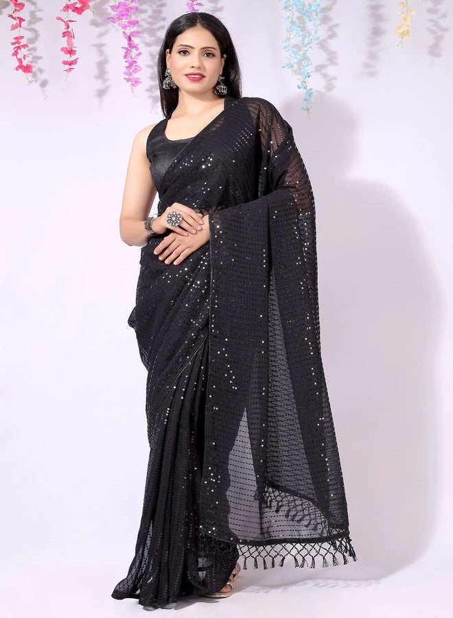 shiv textiles ساري نسائي جاهز للارتداء من قماش الجورجيت المرصع بالترتر من شيف تيكستايلز، مع بلوزة غير مخيطة. (أسود) - Image 2