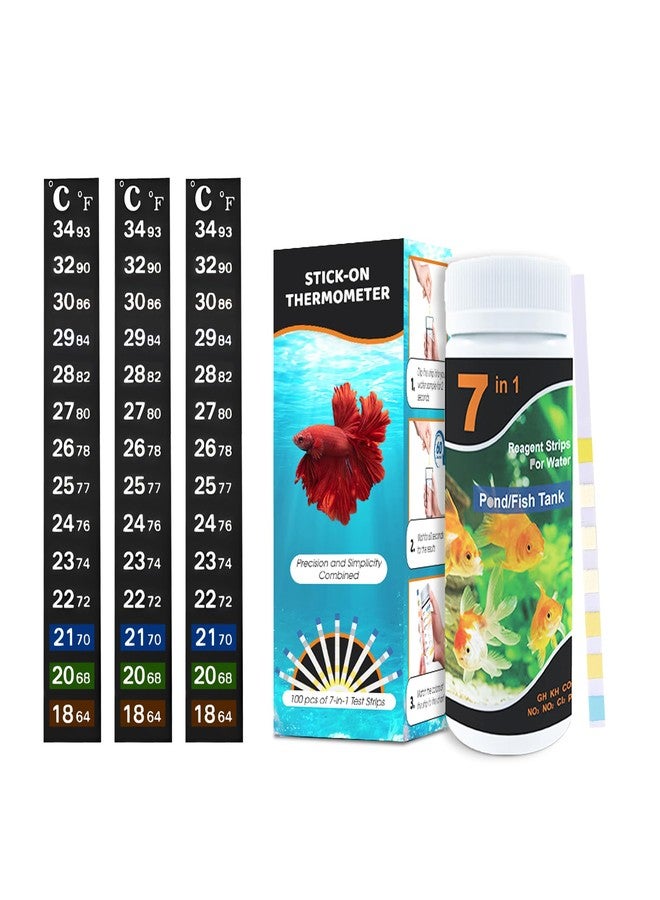 SunGrow Test Kit for Aquarium, Accurate Water Quality Monitoring, Essential Tool for Fish Keepers and Tank Maintenance, 1 Bottle with 100 Strips & 3-Piece Sticker Thermometer, 1 Set Per Pack - Image 1