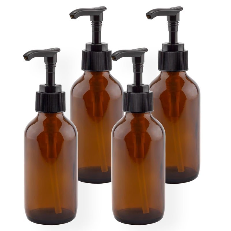 Cornucopia 4oz Amber Glass Pump Bottles 4Pack Great for Lotions Liquid Soap Aromatherapy and More