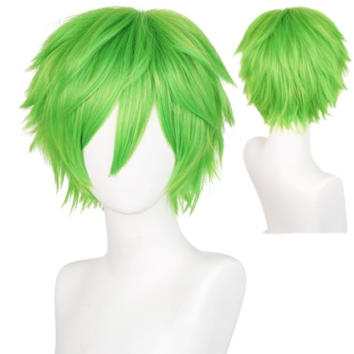 Aicos Alacos Short Green Layered Anime Cosplay Wig Halloween Christmas Carnival Dress Up Pretend Play Party Wig+Cap (Green) - Image 1