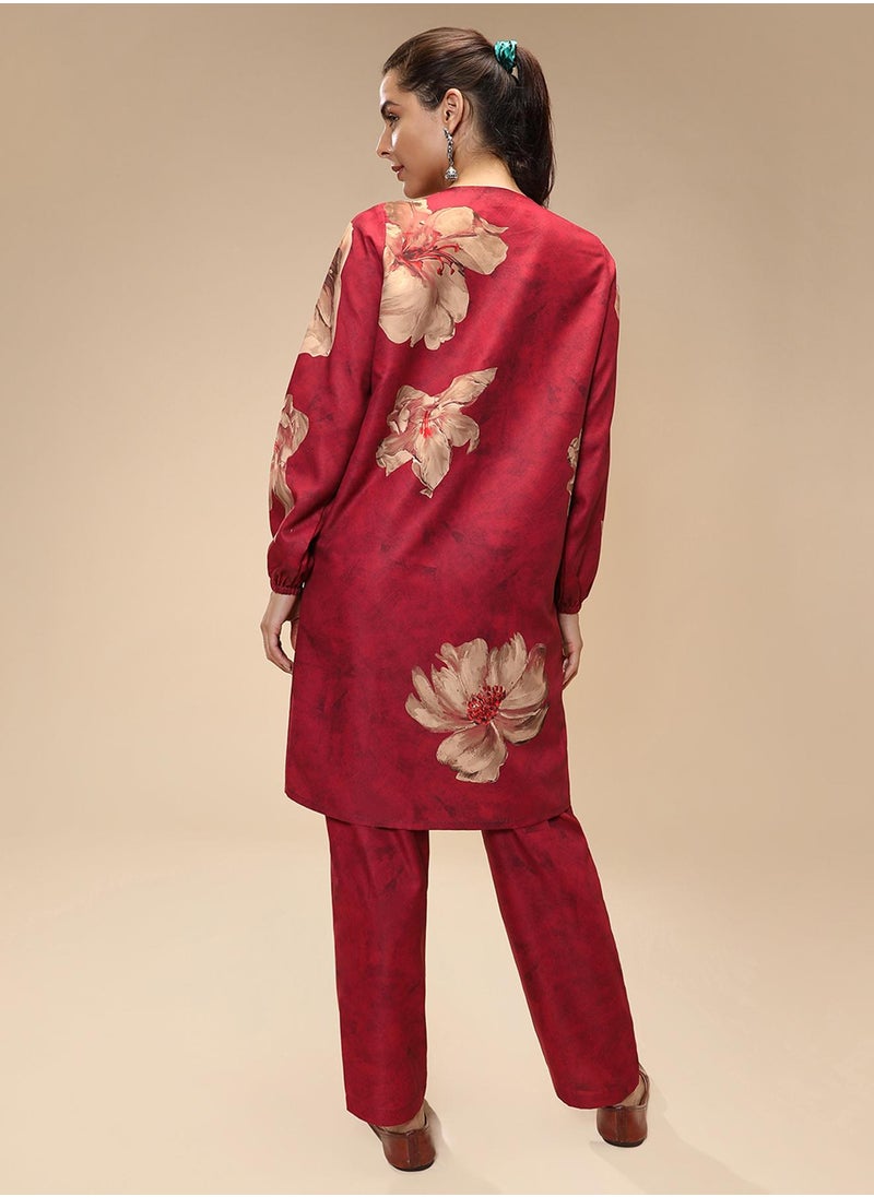  قصة - Women's Rouge Pink Poppy Flora Kurti With Trousers - Image 1