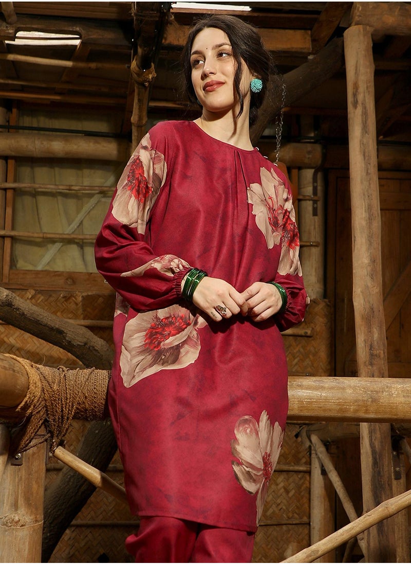  قصة - Women's Rouge Pink Poppy Flora Kurti With Trousers - Image 1